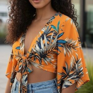 SHEIN Tropical‎ Floral Orange Tie Crop Top Womens Small